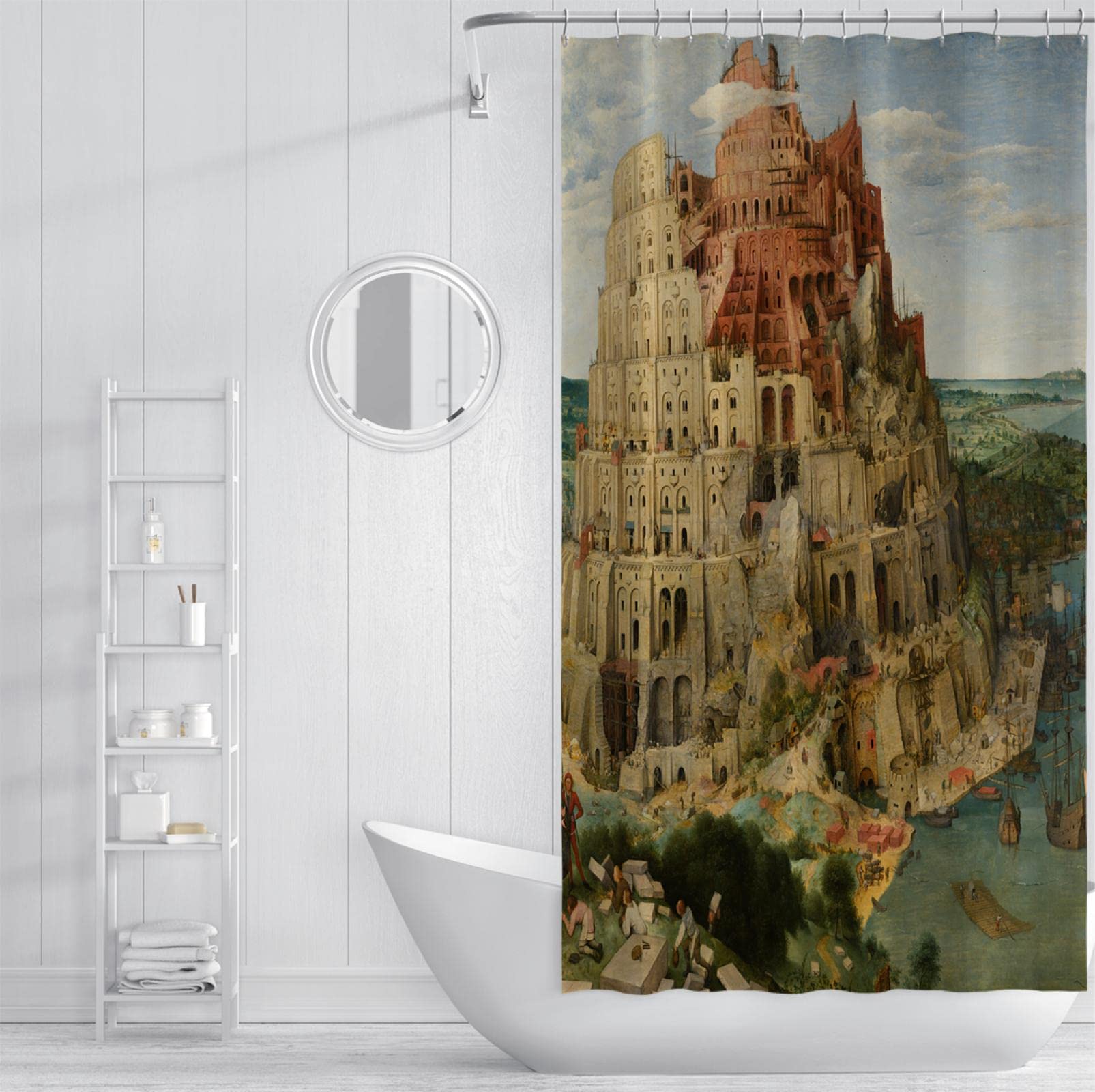 Zasłona prysznicowa w stylu vintage, szybkoschnąca tkanina poliestrowa, zestaw zasłon łazienkowych z haczykami, Wieża Babel, Pieter Bruegel Starszy, 72 szer. x 72 dł
