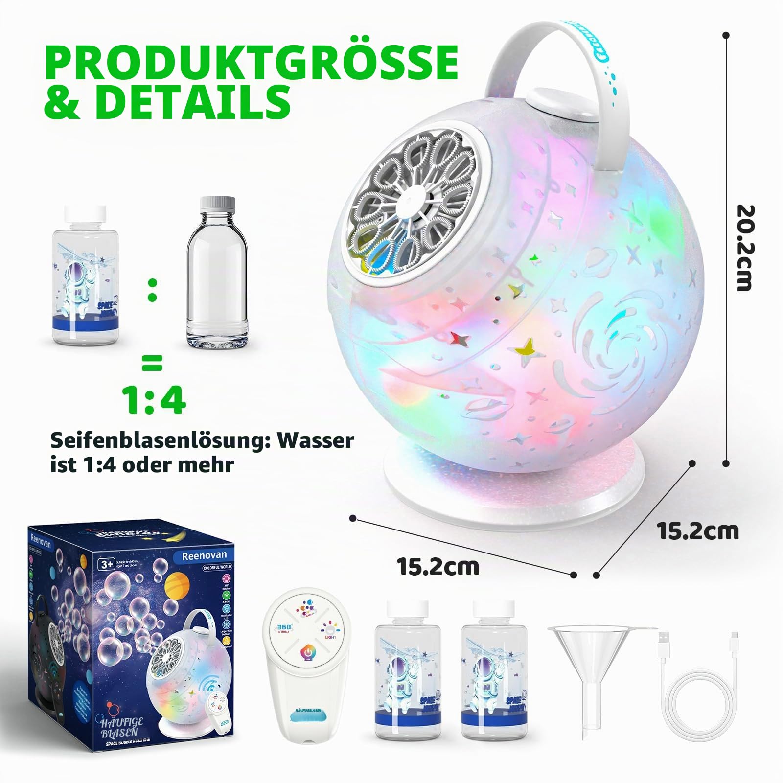Tecnock Wiederaufladbare Seifenblasenmaschine mit Fernbedienung, 360° Rotation, LED, USB-C, 45 Min Laufzeit