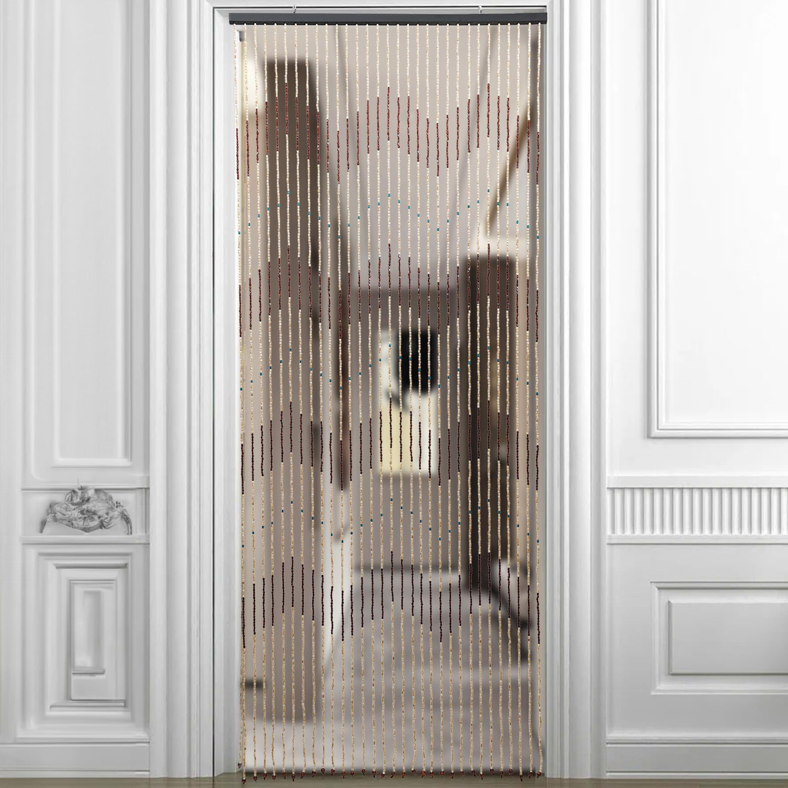 Rideau de porte en perles - Rideau isolant thermique - En bois - 220 cm x 90 cm - Perles en bambou - Séparateur de pièce - Décoration - Mouches - Anti-moustiques