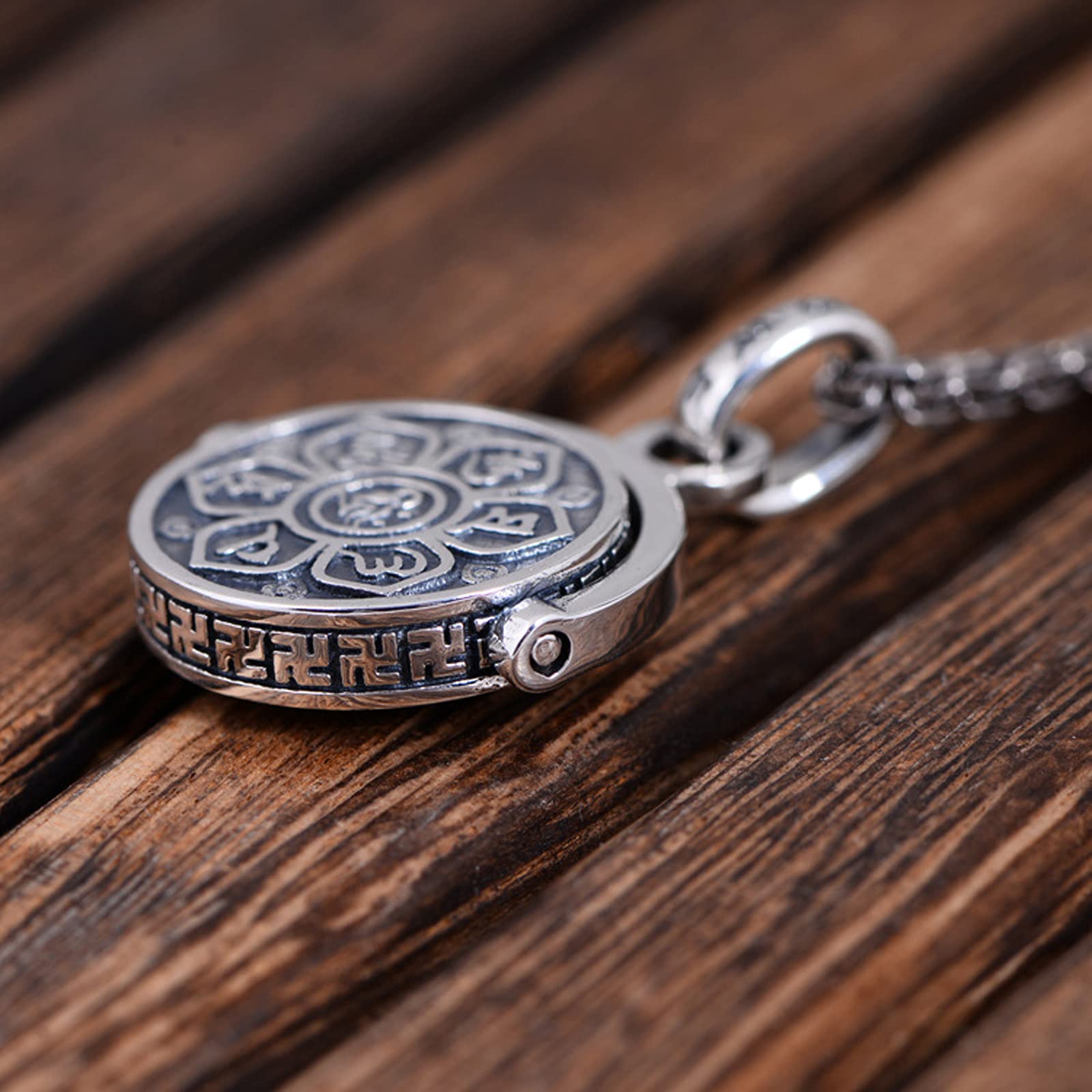 s925 joyería de Plata esterlina Medalla Colgante de Mantra de Seis Caracteres giratoria de Plata Vintage para Hombres