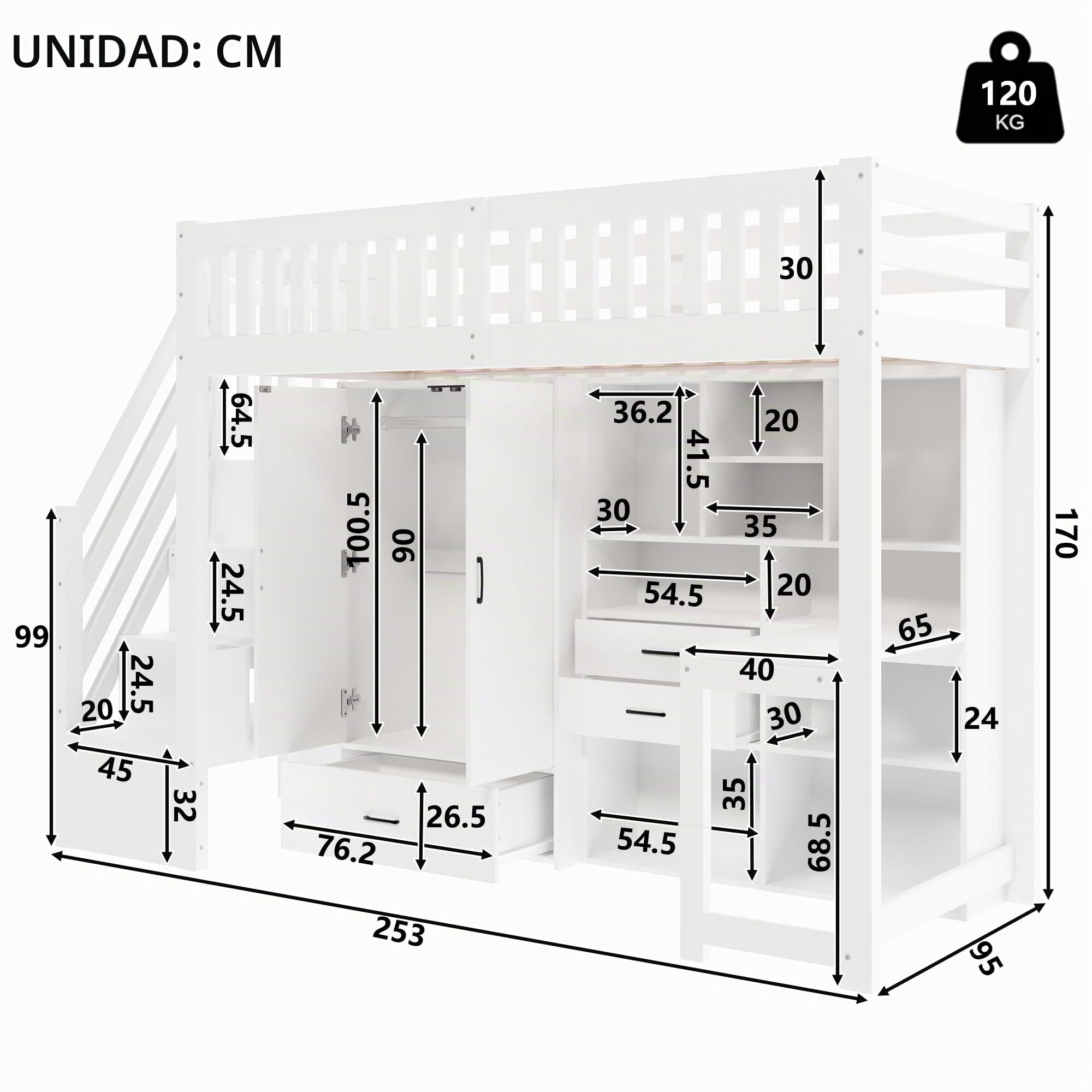 Cama alta de 90 x 200 cm, de madera, con escalera, armario, escritorio, cama juvenil con cajones, compartimentos de almacenamiento, sin colchón