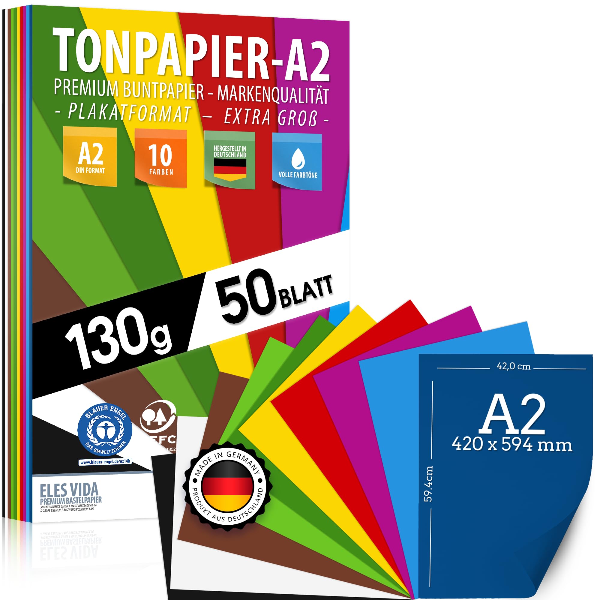 50 fogli di CARTA COLORATA DIN A2 - set di cartoncini da costruzione 130 g/m² 10 colori - accessori per l'artigianato per regali di album fotografici, essere creativi, MADE IN GERMANY