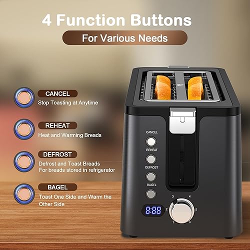 Vista 5 de Mecity Tostadora de 4 rebanadas, tostadora de ranura larga con temporizador de cuenta regresiva, funciones