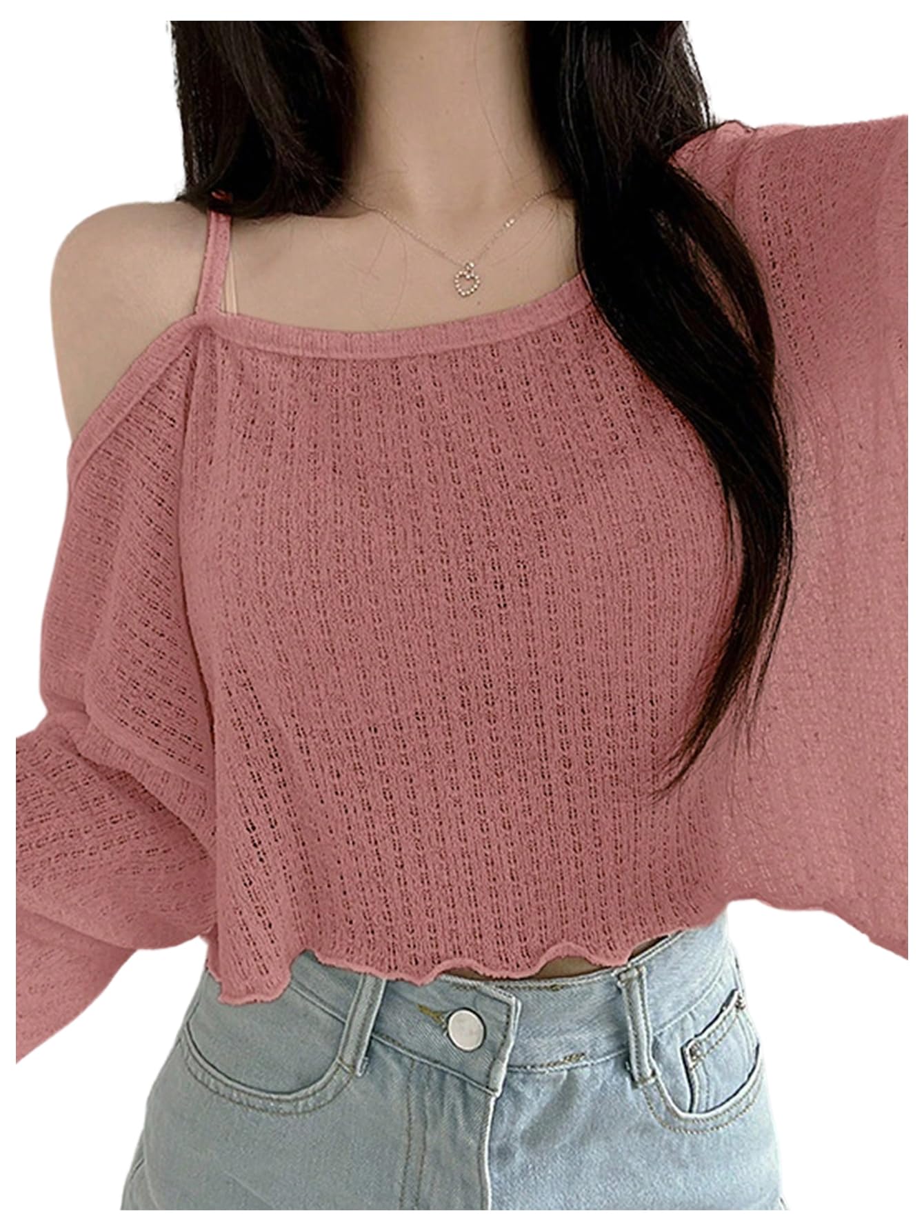 Women's Crochet Hollow Out Drop Shoulder Knit Top Casual Scoop Neck Long Sleeve Sweater Tops 2025