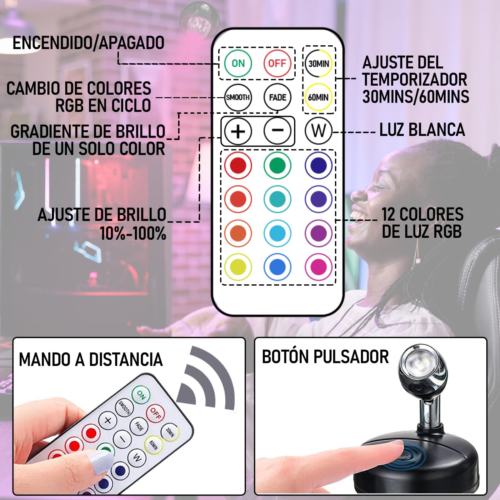 Klarlight RGB Mini Foco Led Interior con Mando a Distancia Focos LED Inalámbrico a Pilas Spotlight de Pared 13 Colores Luz Iluminación para Gabinete Pintura Arte Dardos Party, 2-Pack Negro