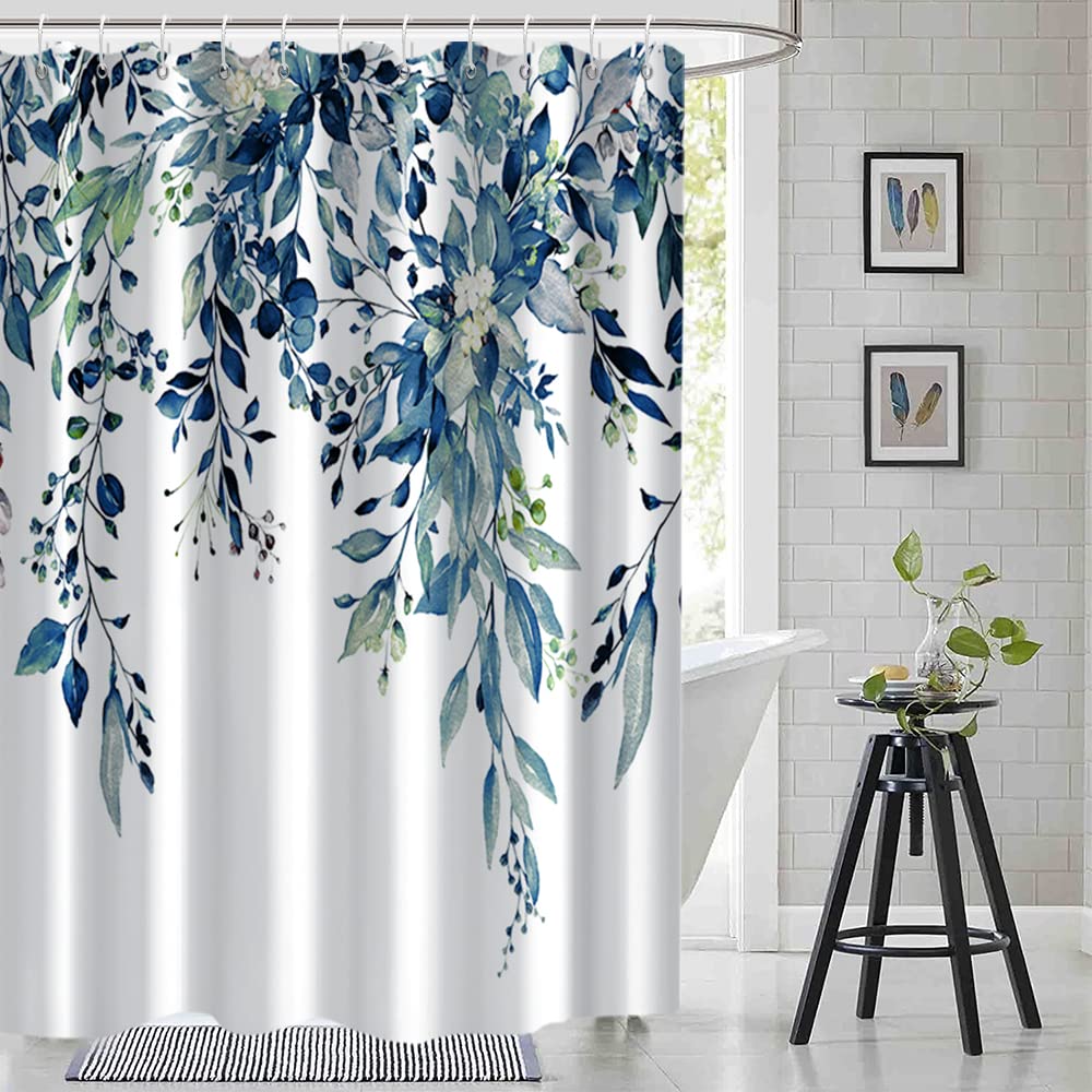 Ruelvth Blue Eucalyptus Shower Curtain, Watercolor Spring Plant Leaves with Floral Shower Curtain Waterproof Fabric Shower Curtain Set with Hooks, 72x72 Inch