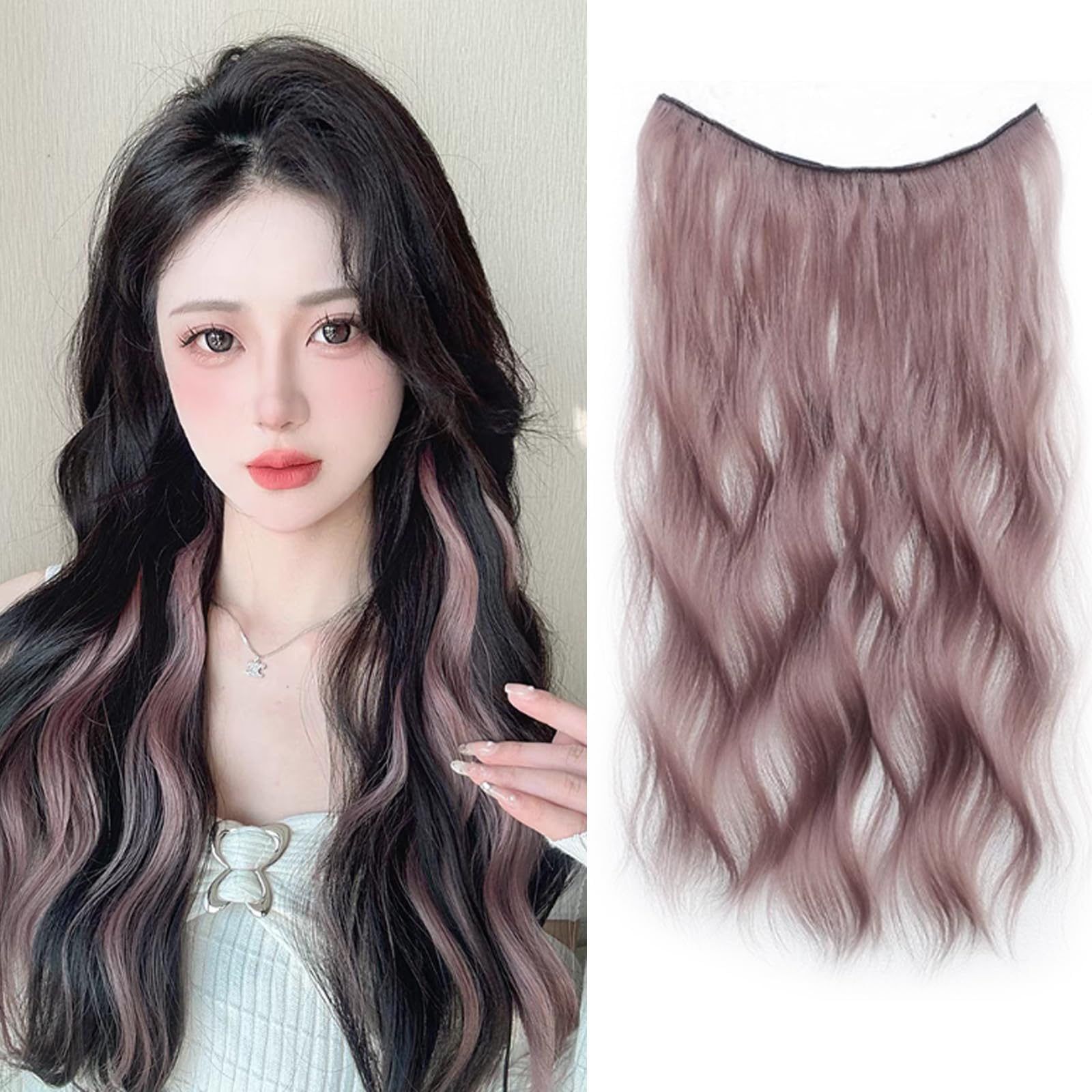 Quick Attach/Detach Color Hair Extensions, 19.7 inches (50 cm), Synthetic Hair, Long Curly, Neckline Extension, Cosplay Heat Resistant, Korean Style, Party Fashion Performance, Quick Attach