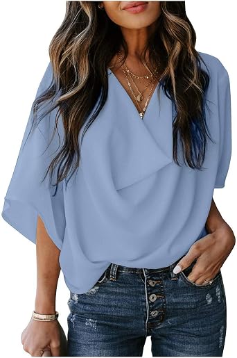 Chiffon Blouse Shirt Loose v-Neck t-Shirt Casual Womens Clothing