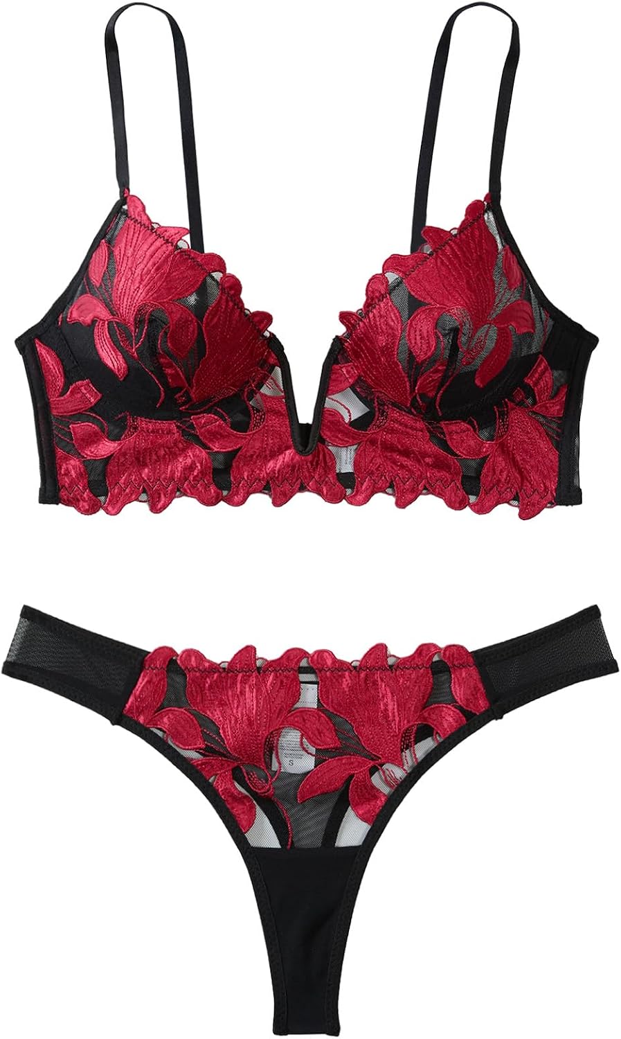 Sexy Embroidered Floral Lace Mesh Sheer Lingerie Set 2 Piece
