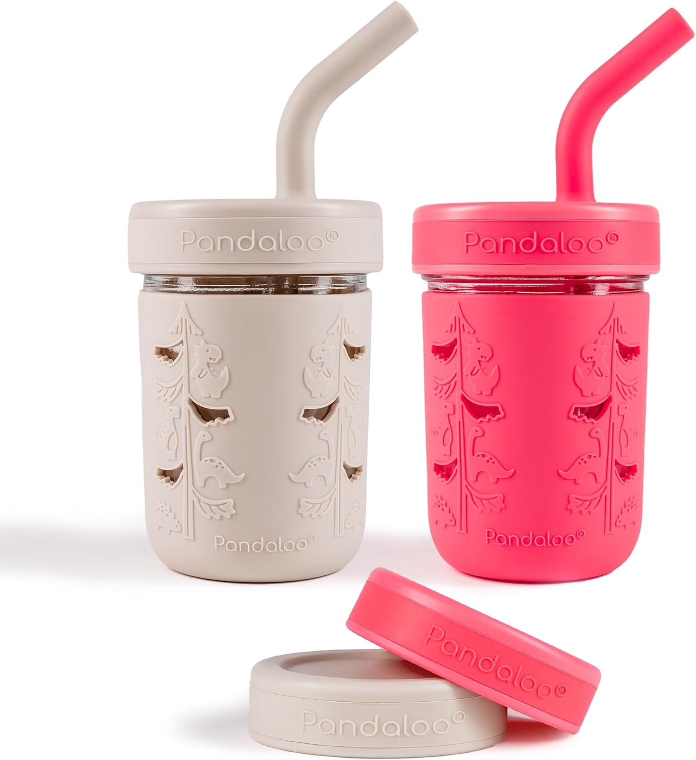 Pandaloo® Mason Jar Toddler Cup - 8 oz Spill-Proof Glass Tumbler with Silicone Straw and Lid, Non-Slip Sleeve, BPA-Free Toddler Snack Cups - Perfect Smoothie Cups with Lids and Straws for Kids Creamy Mushroom/Bubblegum Pink Pack of 2