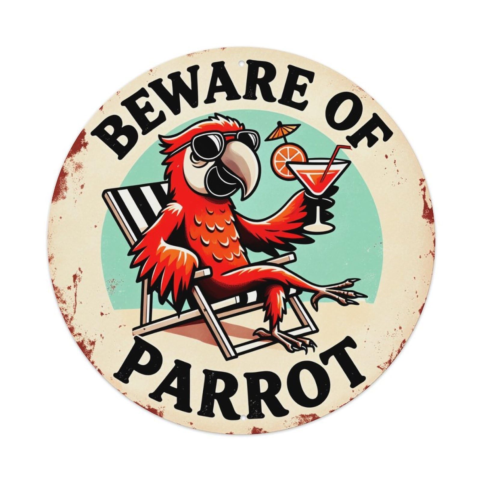 Ndieha Vintage Beware Of Parrot Sign Round Tin Sign Metal Poster Retro Bar, Home, Man Cave, Kitchen, Laundry Room Wall Art Decor Gift 8X8inch