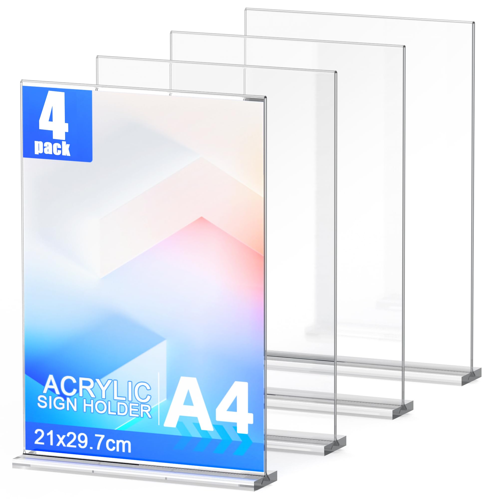 A4 Acrylic Sign Holder, 4 Pack Double-Side A4 Perspex Display Stand, T-Shape Plastic Poster Stand, Menu Holder For Office, Restaurant, Store, Home