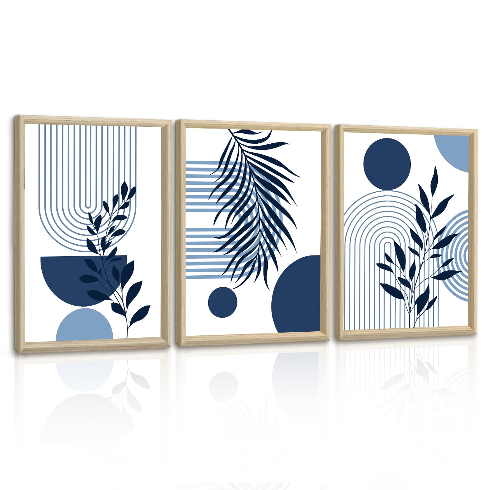 3 Pcs Boho Bleu Plante Lignes Impression Sur Toile Avec Cadre, Esthétique Rond Géométrie Tableau Decoration Murale Moderne Minimaliste Affiche Peintures Decoration Chambre Maison Bureau 30x40cmx3