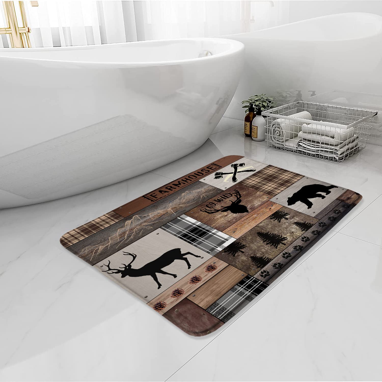 BNYARH Rustic Cabin Bath Mat Deer Bear Forest Wildlife Retro Buffalo Plaid Country Wood Plank Adventure Hunting Brown Bathroom Decor Rug 47.5X16 Inch