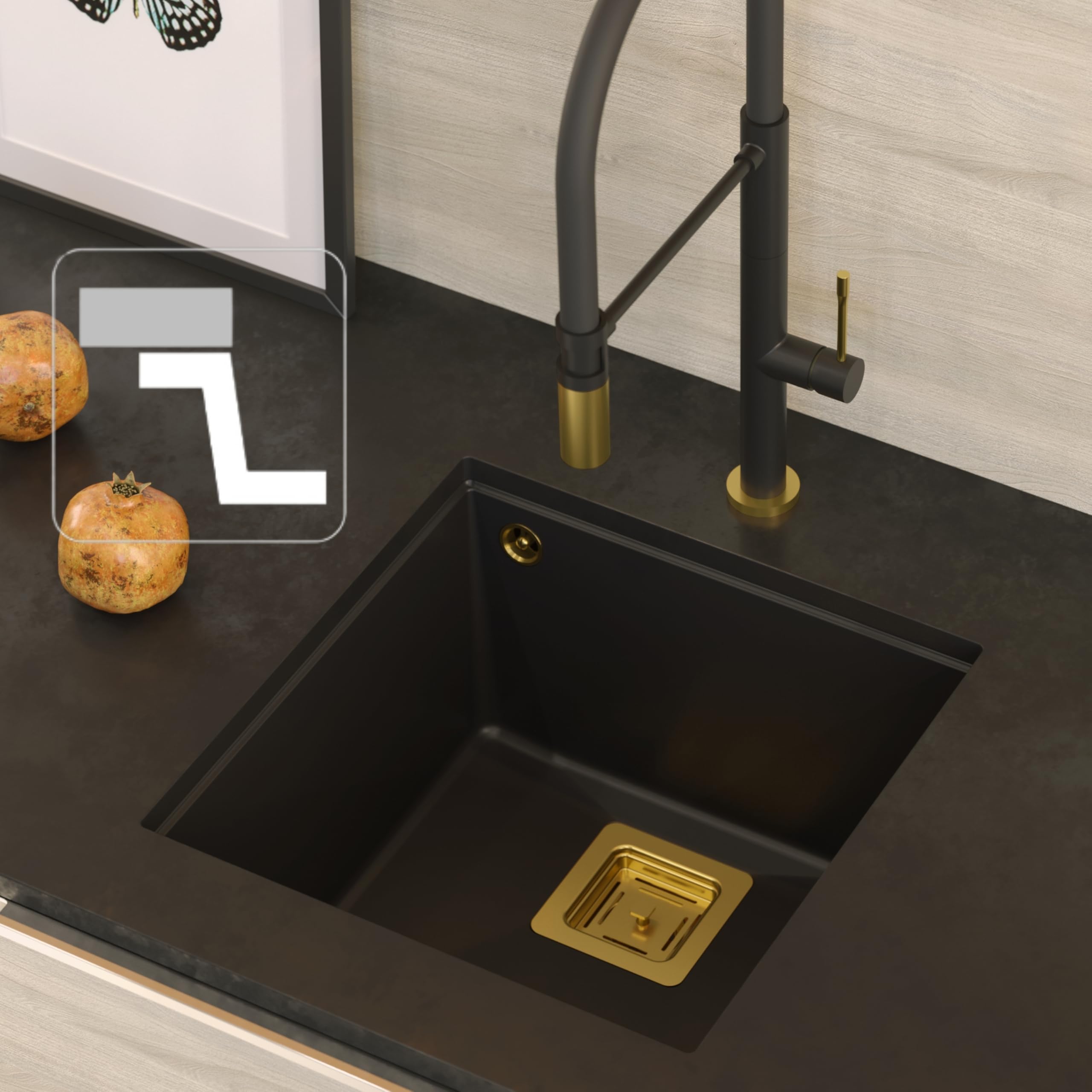 QUADRON fregadero de cocina fregadero de granito de un seno | tamaño 41 x 42 x 22,5 cm color: blanco y acero | DAVID 40 fregadero de 1 seno | fregadero moderno con sifón manual