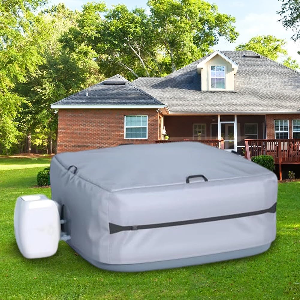 Housse d'isolation de baignoire conçue pour les jacuzzis carrés de 180 cm, avec couche d'isolation en film d'aluminium, quatre boucles, deux cordons de serrage et un matériau Oxford
