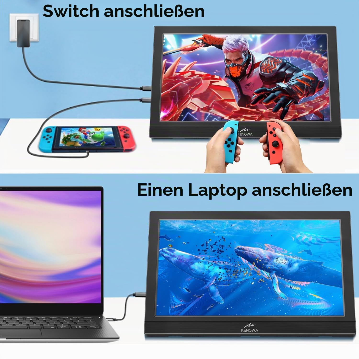 Kenowa 13.3 Zoll USB-C Tragbarer Monitor mit Dual Type-C/HDMI IPS-Bildschirm FHD 1920x1080 LCD Externe Monitor für Windows 7 8 10 OS PS3 PS4 Xbox Mac Raspberry Pi B Computer Laptop