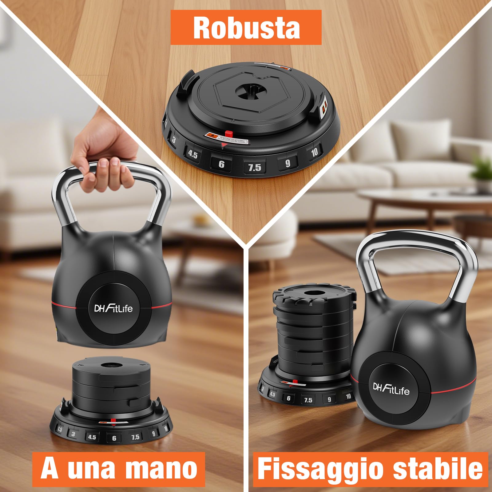 DH FitLife Kettlebell Regolabile 7 in 1 (1,5-10 kg) | Kettlebell con 7 Livelli di Peso | Manubrio per Allenamento a Casa & Fitness | Ideale per Allenamento Completo del Corpo | Compatto & Salvaspazio