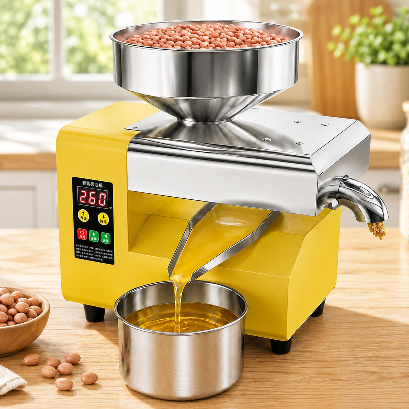 Prensa De Aceite Eléctrica Para Cacahuetes, Sésamo Y Girasol 1100W | Calor Ajustable 40–300 °C Y Controles Digitales Claros Para Muchas Semillas Y Frutos Secos De Baja Humedad