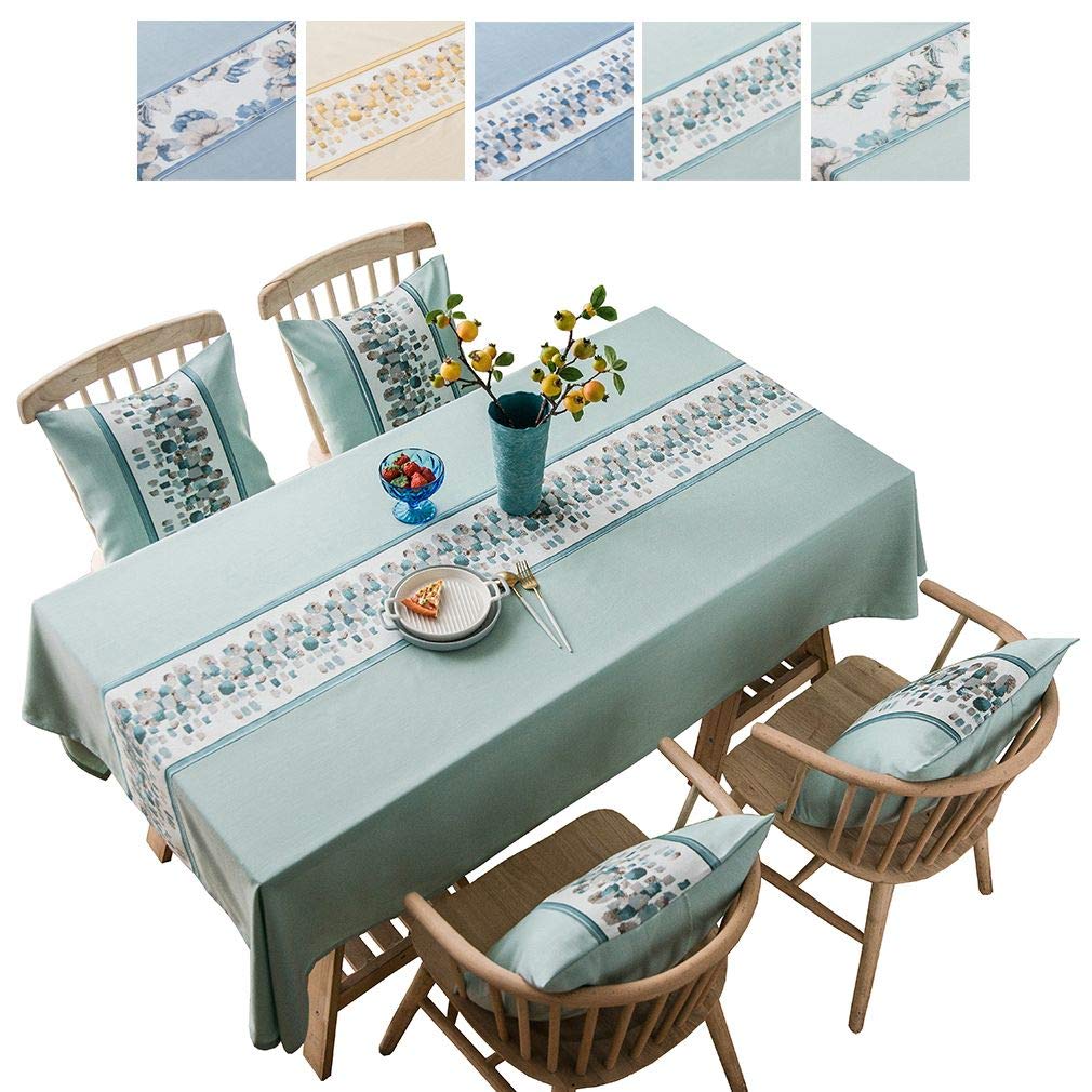 Nappe table à manger moderne en lin brodé pierre-vert 135cm