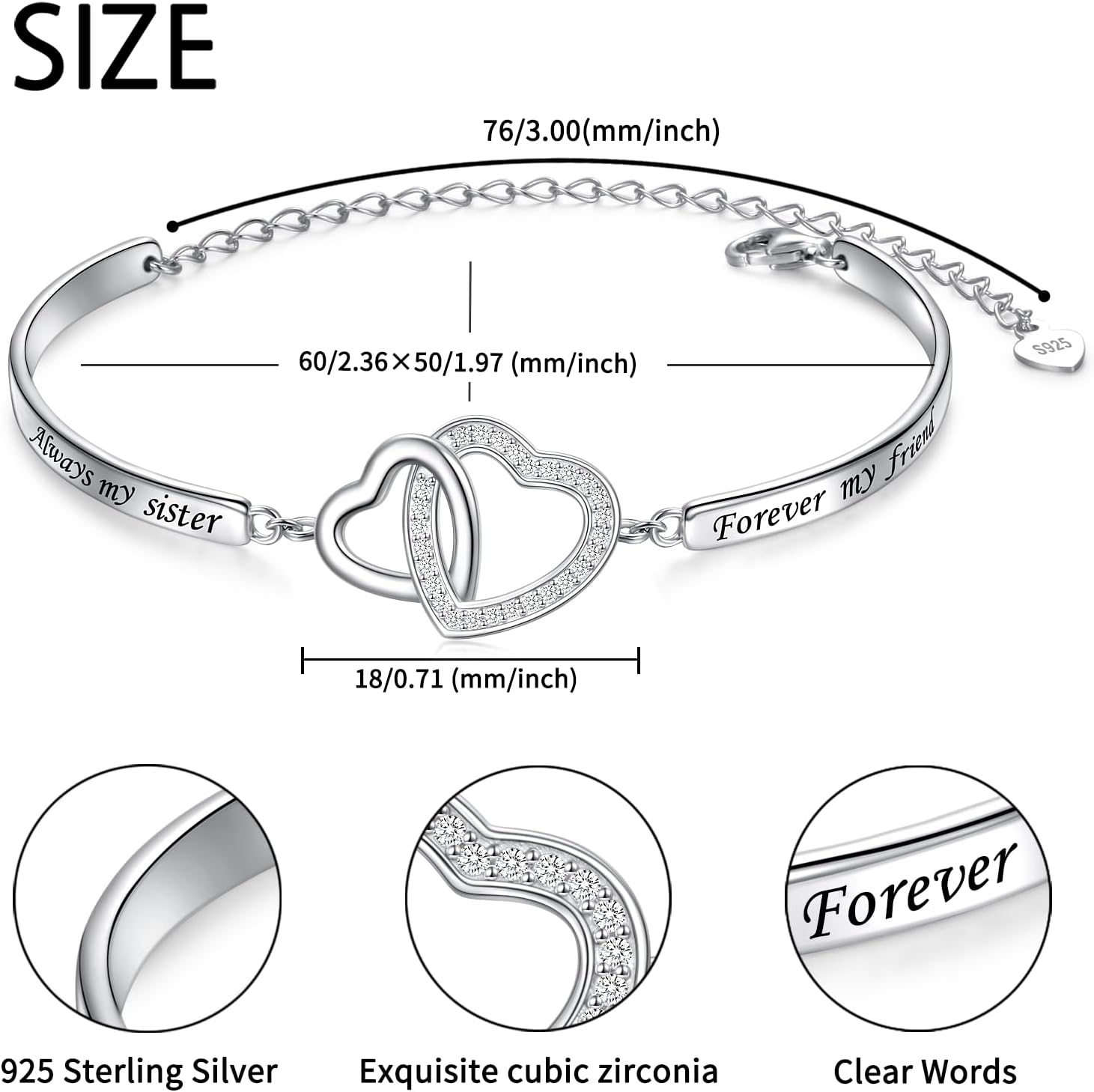 925 Sterling Silver Heart Inspirational Bangle Bracelet Engraved Always my sister Forever my friend Adjustable Bracelets Sister Friendship Jewelry Gift for Women - Image 5