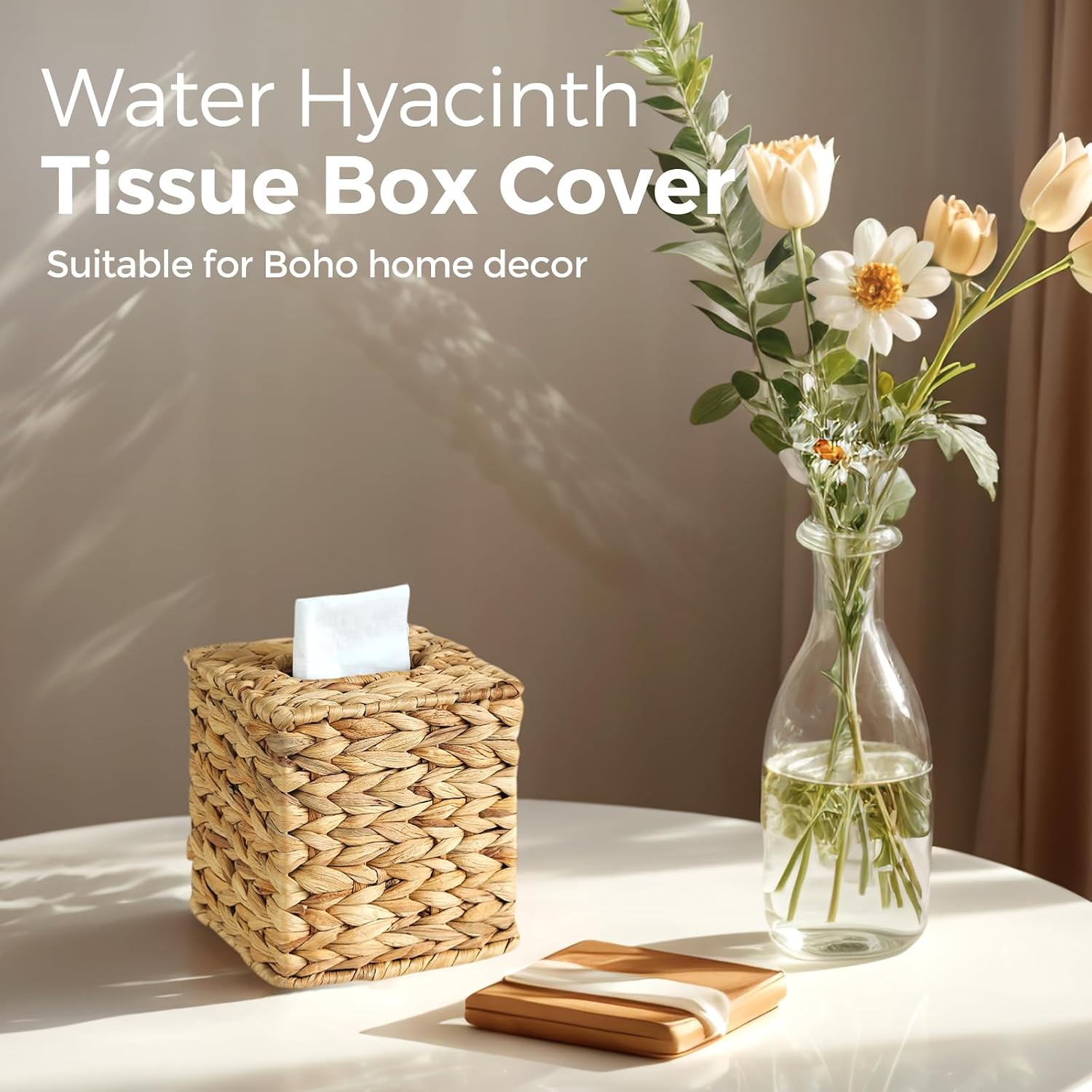 2 PK Rattan Tissue Box Cover, Wicker Tissue Box Holder Square, Boho Decorative Woven Water Hyacinth Cube Tissue Holders