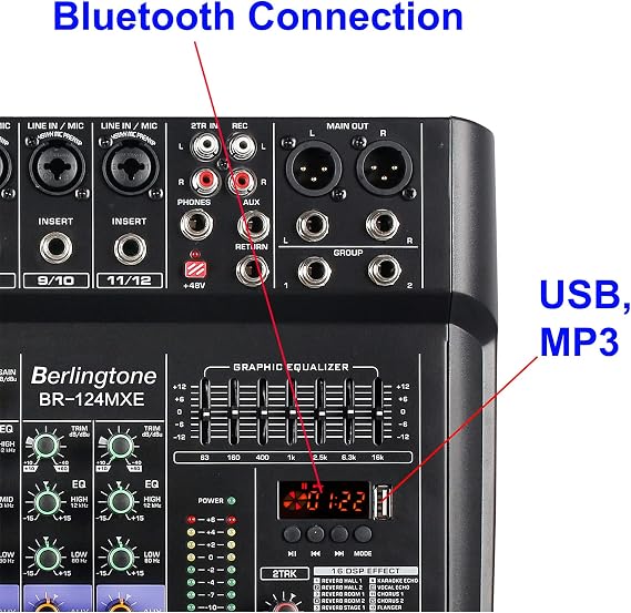 12 Channel Bluetooth Professional Audio Mixer DJ Sound Console USB MP3 Recording 10 XLR Microphone Jack 7 Band EQ 48V Phantom Power Stereo 16-BIT Digital Multi FX Processor (BR-124MX)