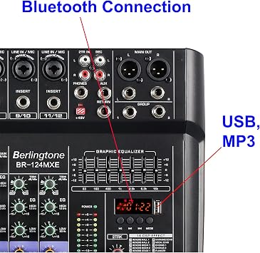 12 Channel Bluetooth Professional Audio Mixer DJ Sound Console USB MP3 Recording 10 XLR Microphone Jack 7 Band EQ 48V Phantom Power Stereo 16-BIT Digital Multi FX Processor (BR-124MX)