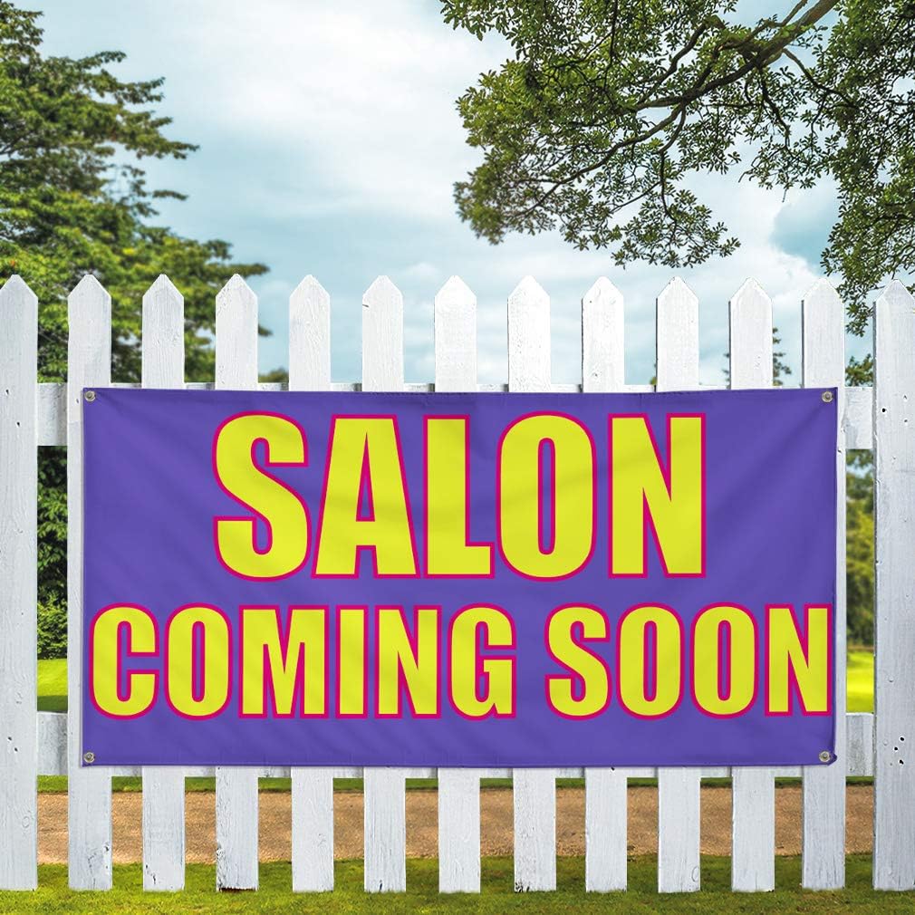 Vinyl Banner Multiple Sizes Salon Coming Soon Advertising Printing Business Outdoor Weatherproof Industrial Yard Signs Blue 4 Grommets 24x36Inches