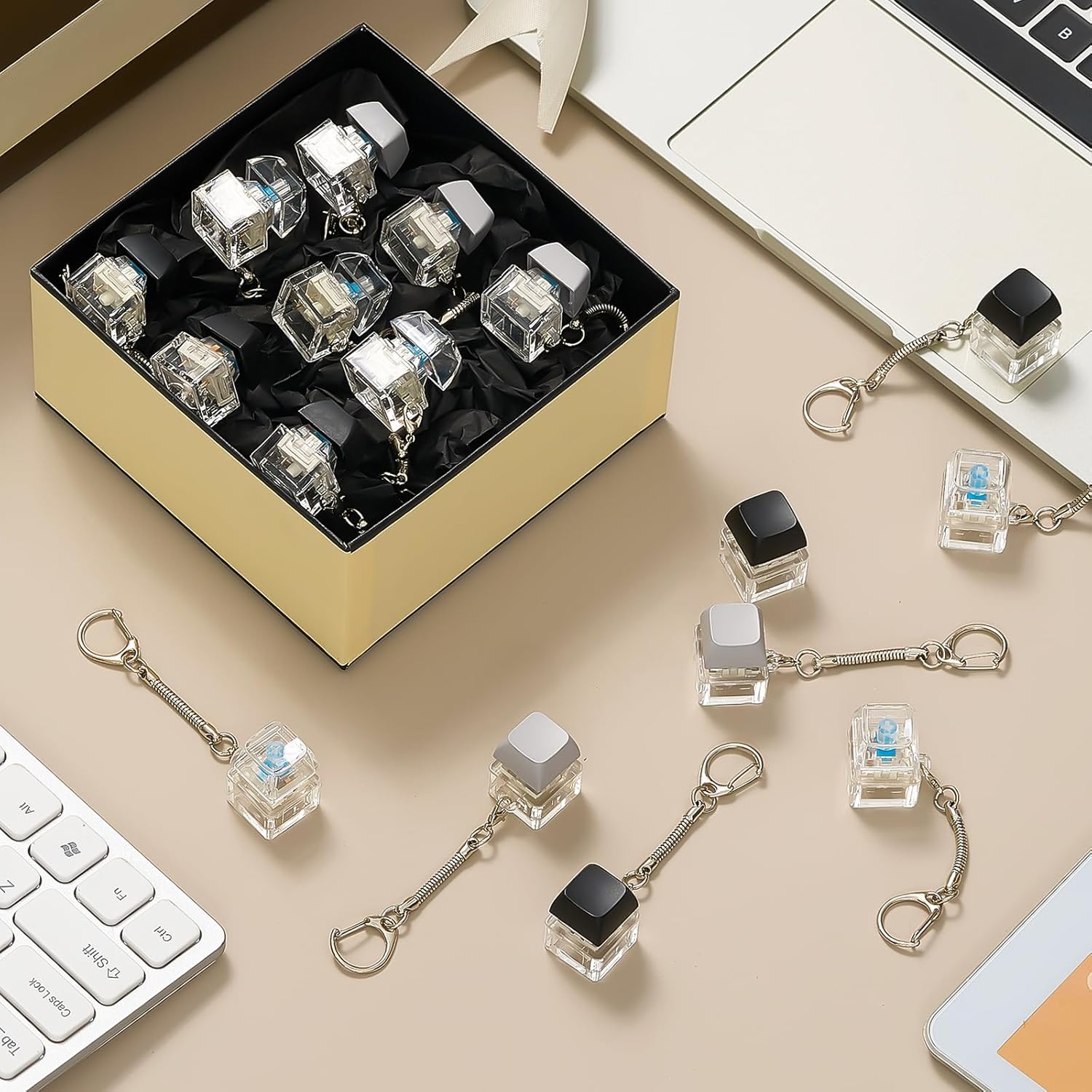 Nosiny 24 Pcs Keyboard Fidget Toys Keyboard Fidget Keychains for Adults Finger Stress Relief Keycap for Decompression Gifts(Translucent 3 Colors)