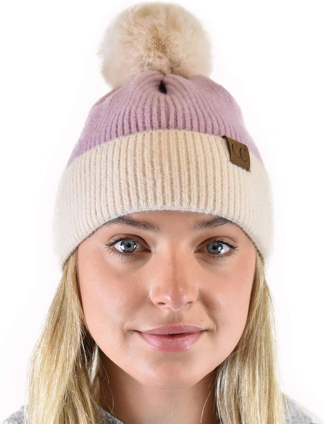 C.C Winter Solid Dual Color Ribbed Knit Pom Cuff Beanie Hat