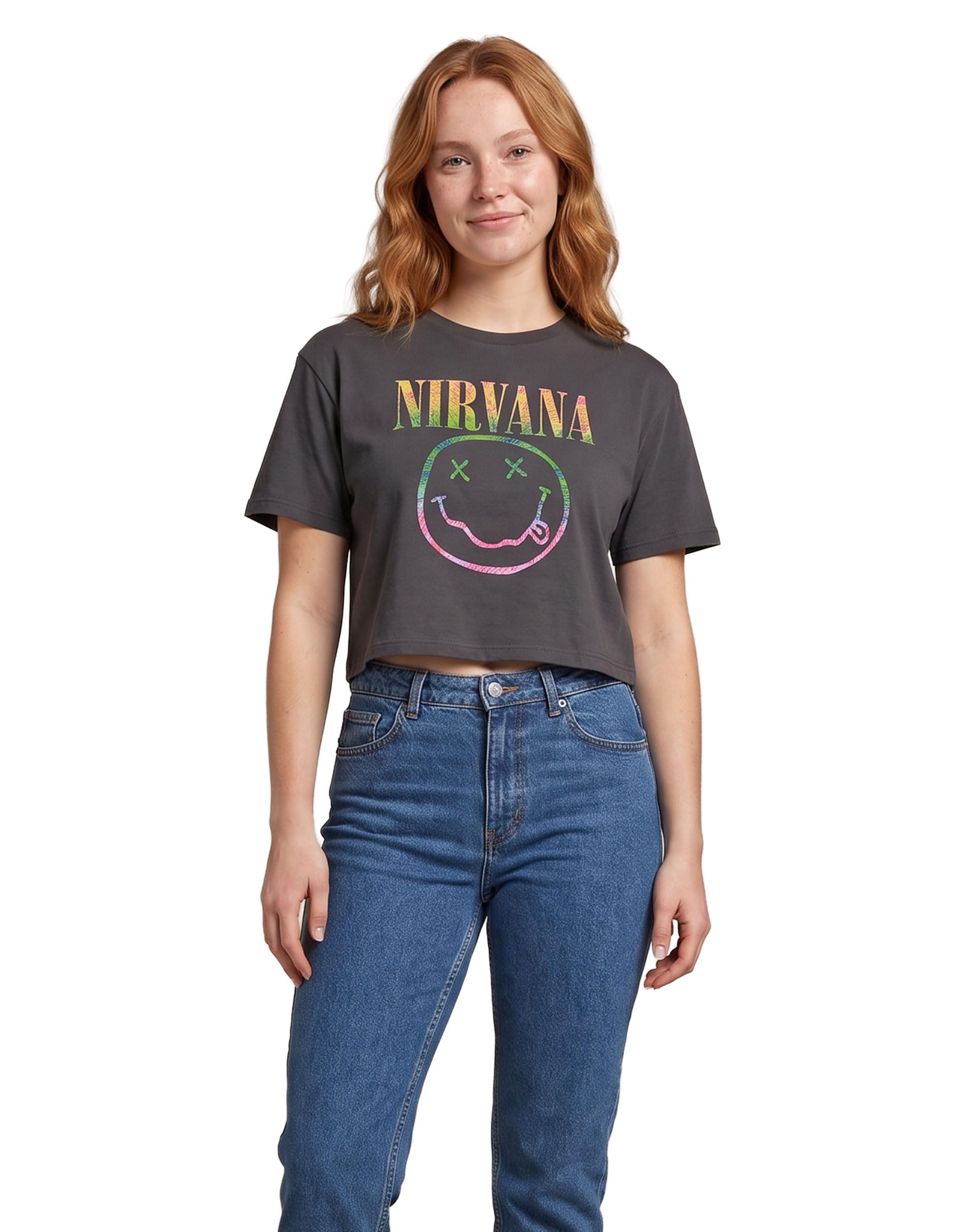 Vanilla Underground Women's Grey Nirvana Rainbow Logo Cropped Short Sleeved T-Shirt - X-Large