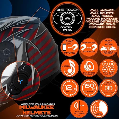 Miniatura 4 de Milwaukee Helmets H520 Casco de motocicleta de cara completa negro con intercomunicador, altavoz y micrófono integrados para hombres y mujeres