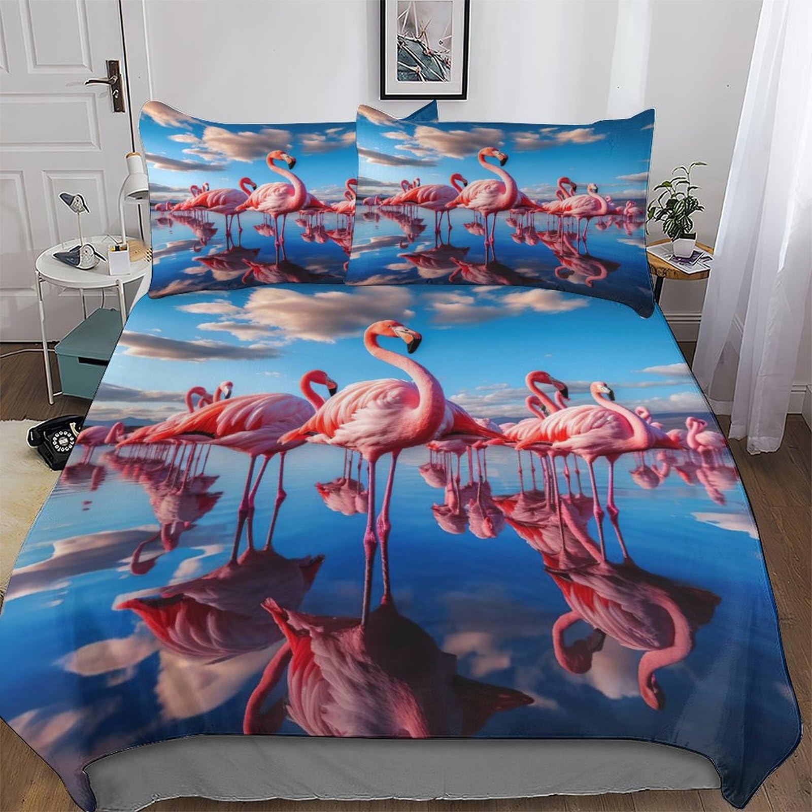 Linge de lit flamant rose double 200x200cm avec taie d'oreiller assortie