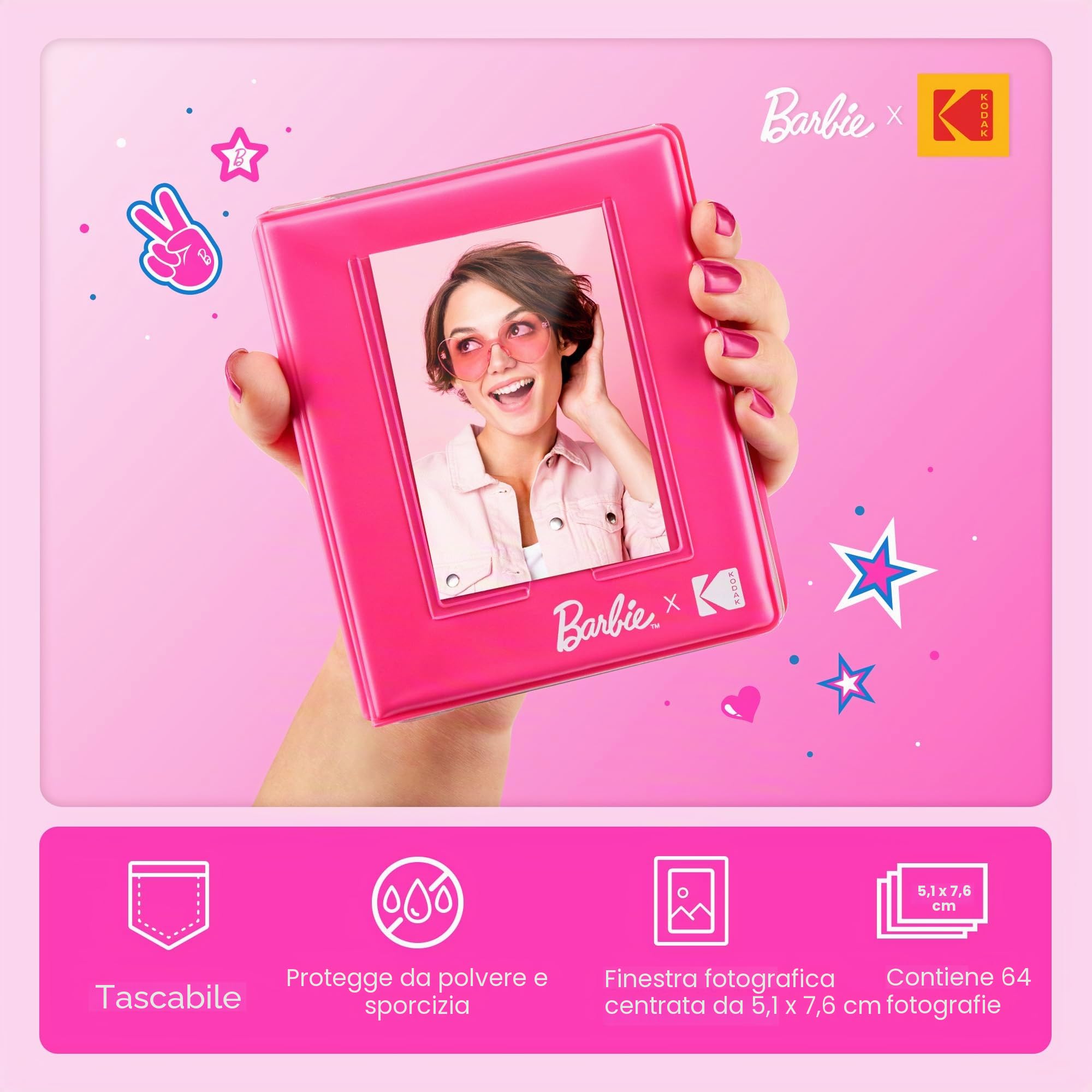 KODAK Barbie Step Slim Stampante Portatile e Wireless per Foto Istantanee (Stile Iconico), Custodia Delue per Fotocamera Barbie, Album Fotografico Barbie, Carta Zink (20 Fogli)