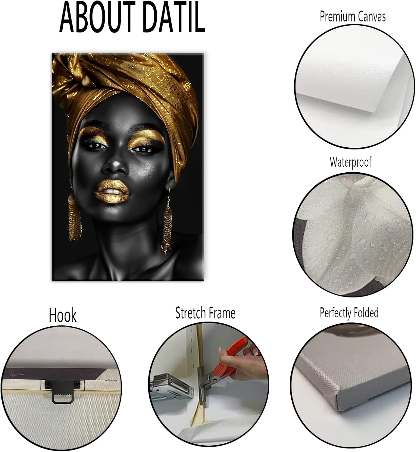 GLOKAKA African American Woman Canvas Wall Art Black Gold Artwork Black Girl Portrait Painting Abstract Female Pictures Wall Decor for Living Room(Artwork-1,12"x18")