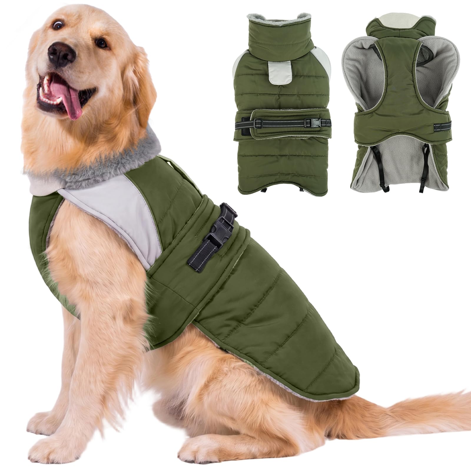 Lelepet Dog Winter Coat, Waterproof Warm Puppy Jacket, Army Green 3XL