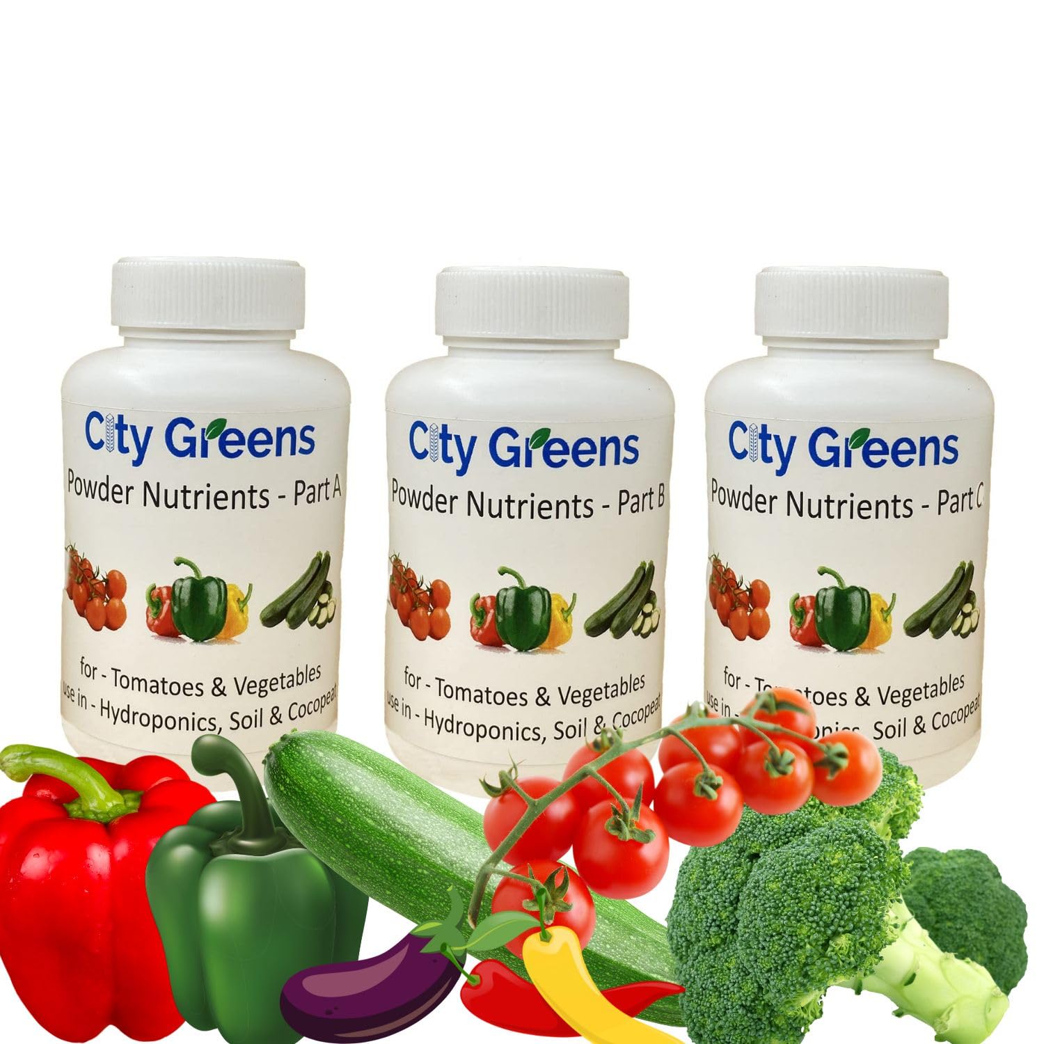 City Greens Hydroponic Powder Nutrient Makes 500 Litres Of Nutrient Solution for Tomatoes, Bell Pepper, Cucumber, Zucchini, and All Vegetables - Part A,B & C.