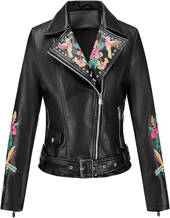 Giolshon Womens Faux Leather Studded Jacket Moto Biker Short Rhinestones Fall PU Long Sleeve Open Front Coat