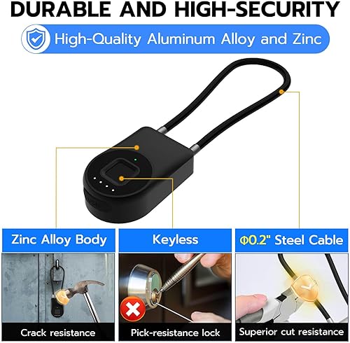 Miniatura 5 de eLinkSmart Cerradura de cable de huellas dactilares, grillete de 3.6 pulgadas de largo, pequeño sin llave, biométrico, impermeable, Bluetooth,