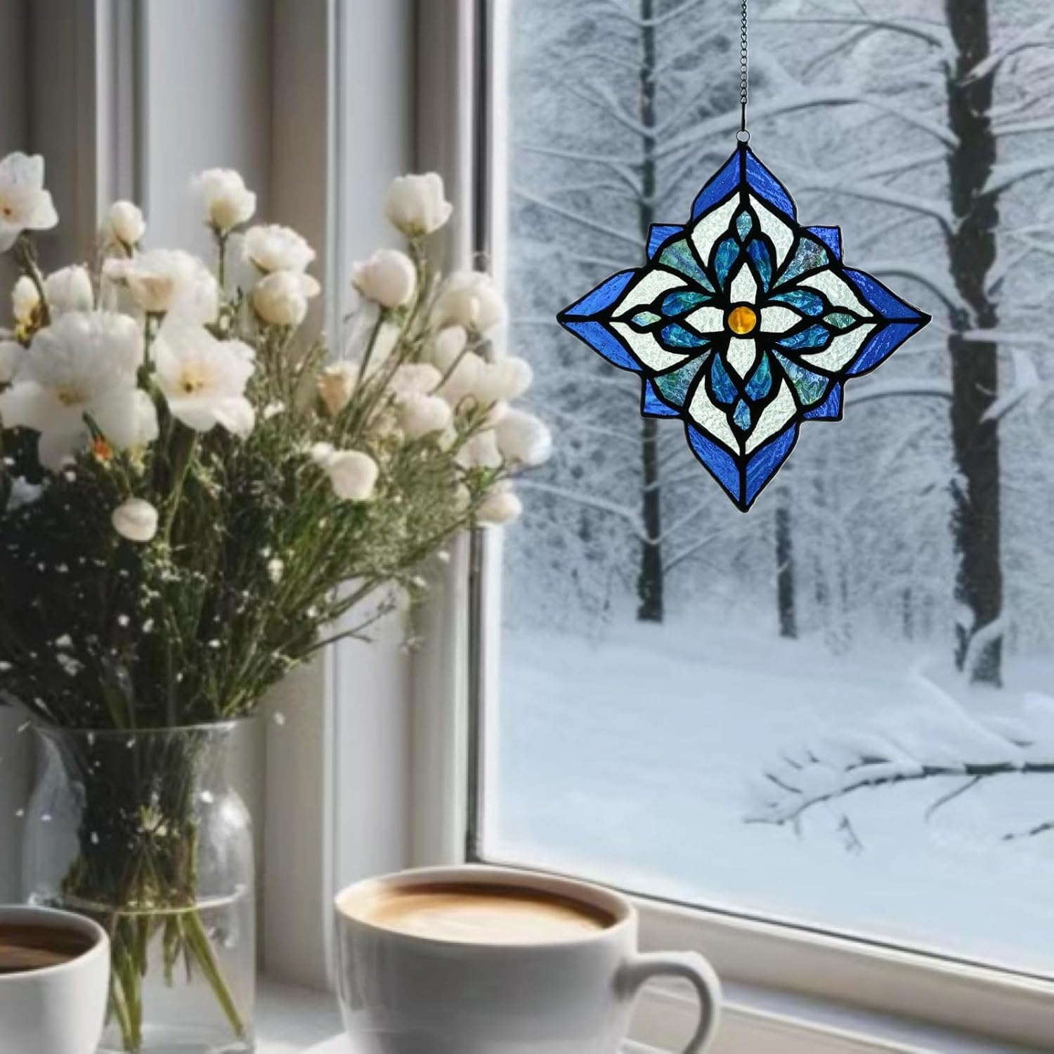 Stained Glass Window Hangings, Tiffany Style Window Panel Suncatchers Blue Art Flower - Image 7