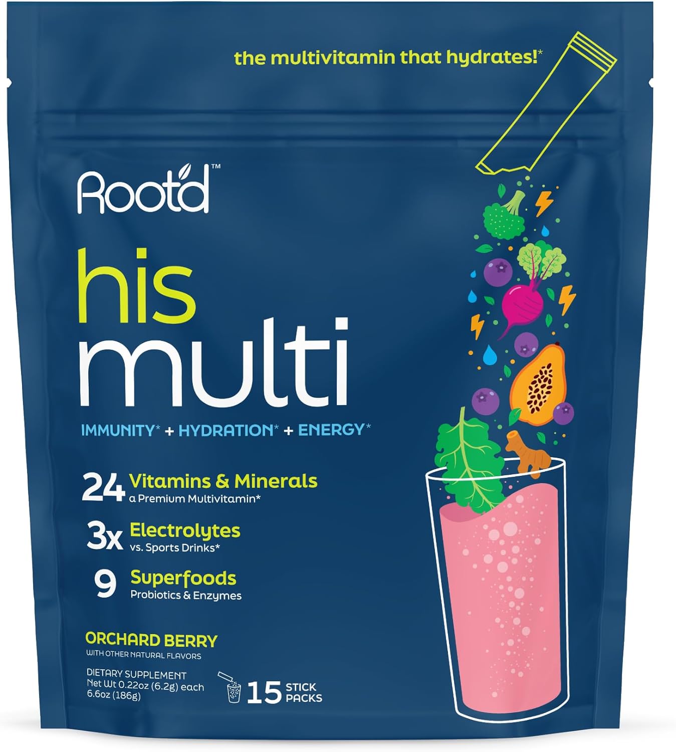 Root'd Multivitamin Powder with 3X Electrolytes for Men - 24 Vitamins & Minerals, 3X Electrolytes, 9 Superfoods, Probiotics & Enzymes, Sugar-Free Multivitamin & Hydration | 24 Packets