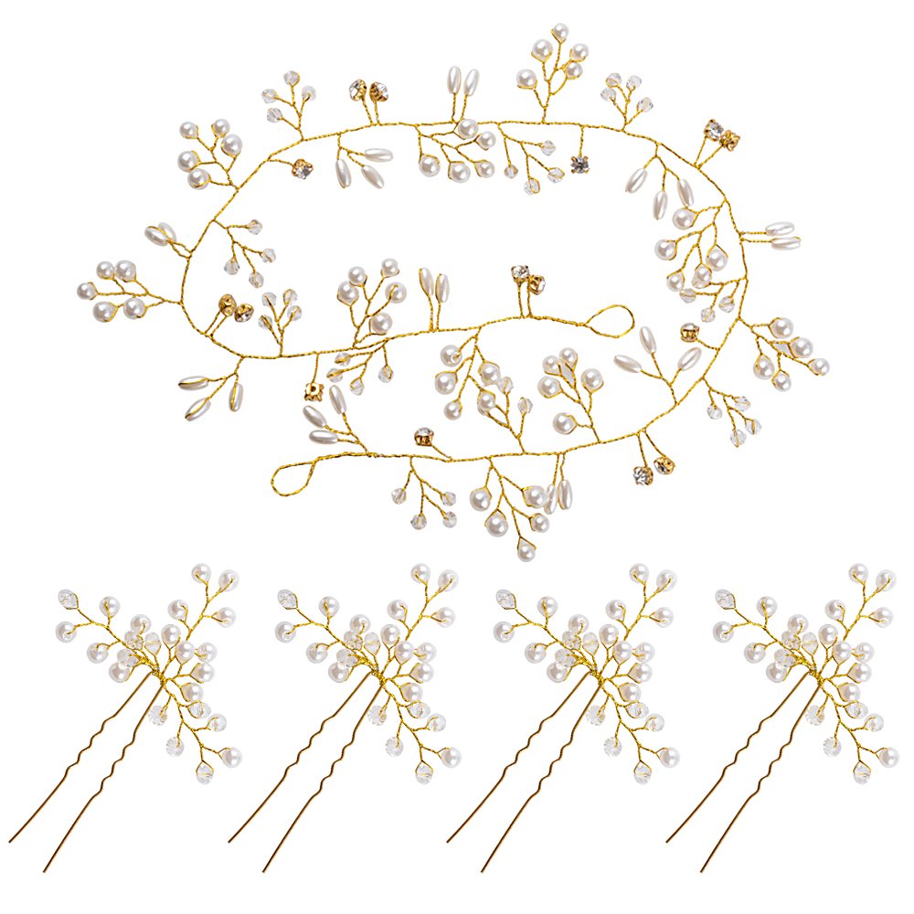 BETESSIN Kit Perla Tocado de Novia para Pelo - 1pc Tiaras de Novia Cristal Diadema Nupcial de Flores Corona + 4pcs Horquillas para Pelo para Boda Fiesta Velada(Dorado, 50cm, + 4pcs horquillas)