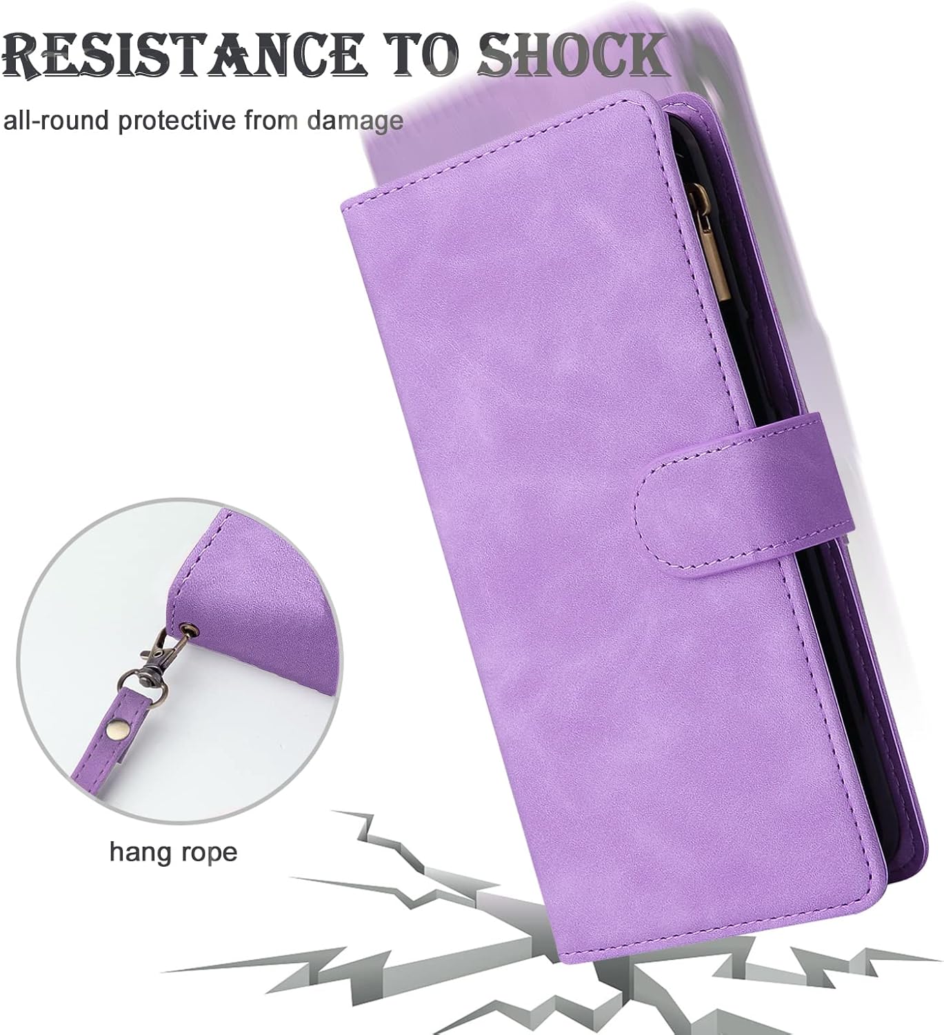 RANYOK Wallet Case for iPhone 14 (6.1 inch) with RFID Blocking Credit Card Holder, Premium PU Leather Zipper Pocket Flip Folio Case Wallet with Wrist Strap Kickstand Protective Case, Purple - Image 5