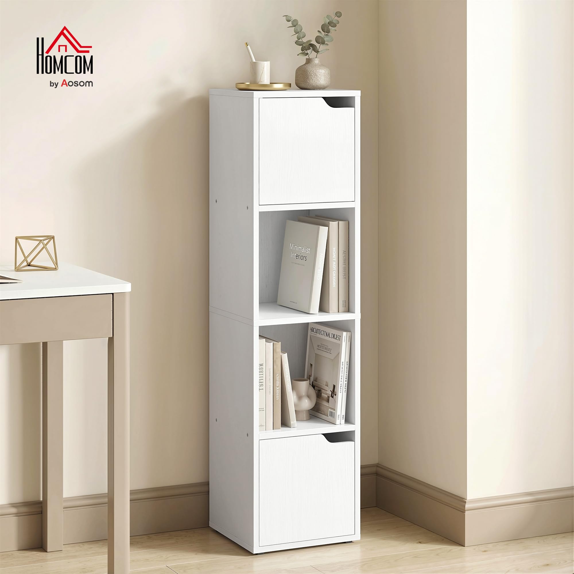 HOMCOM Estantería para Libros con 2 Puertas 4 Niveles 30x29x119 cm Blanco | Estantería Estrecha y Alta, Librería, 2 Estantes Abiertos, Armario Alto, para Salón Estudio Oficina