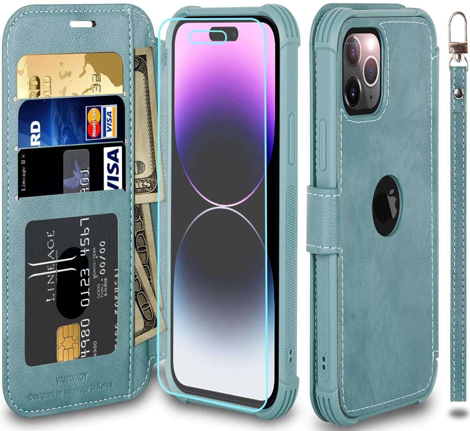 VANAVAGY Compatible for iPhone 14 Pro Max Wallet Case, 12ft Drop Protection, RFID Blocking PU Leather Flip Cover