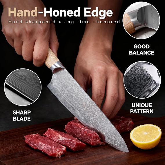 Japanese Chef Knife 8 Inch - Damascus Steel 67-Layer 2mm Thin Blade Kitchen Knife, Sharp Professional Blade for Meat, Sushi & Vegetables with Ergonomic Wood Handle & Gift Box (1 Piece)