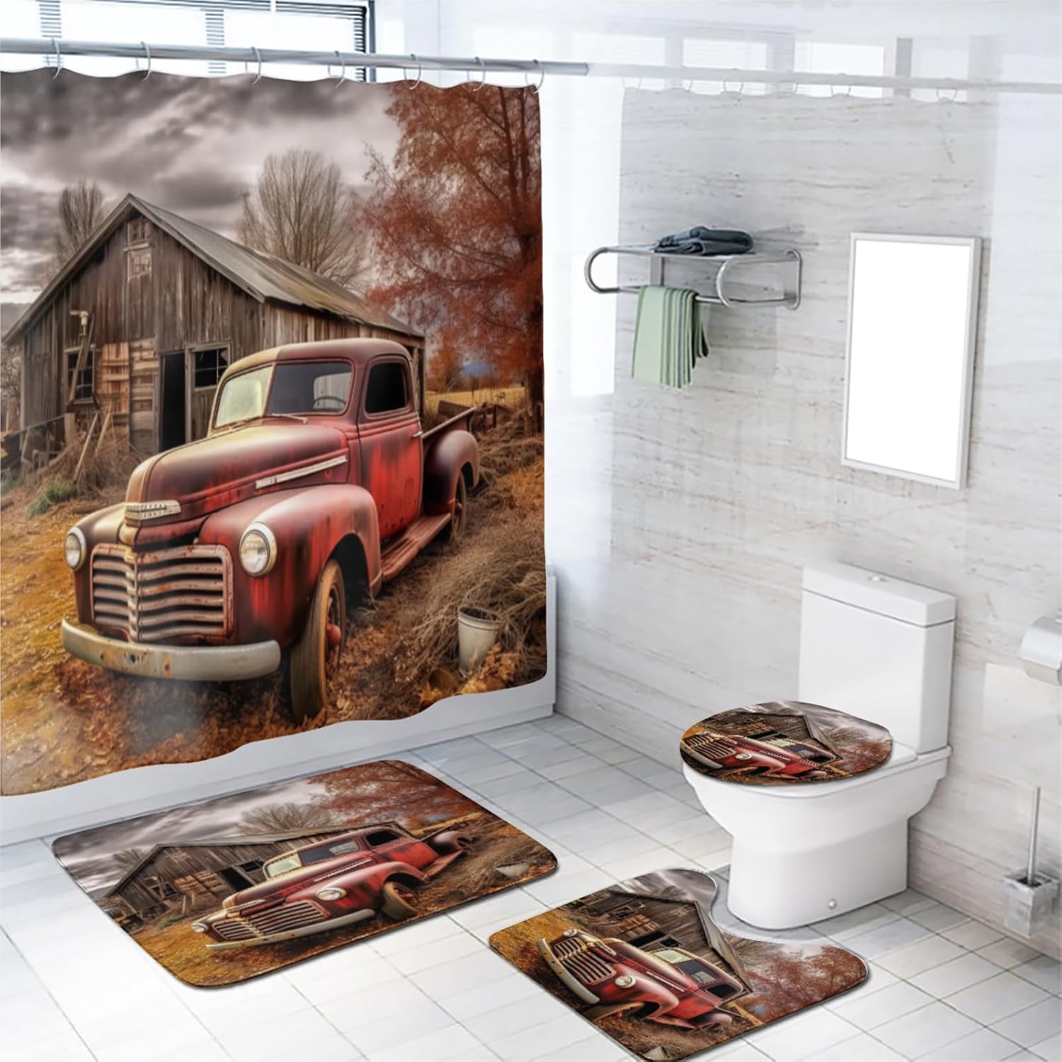 Vintage Red Truck Shower Curtain Set with Rugs Farmhouse Old Barn Rustic Country Farm Truck Bathroom Decor Set with Accessories, Waterproof Shower Curtain for Bathtub Decor, 72x72 Inch
