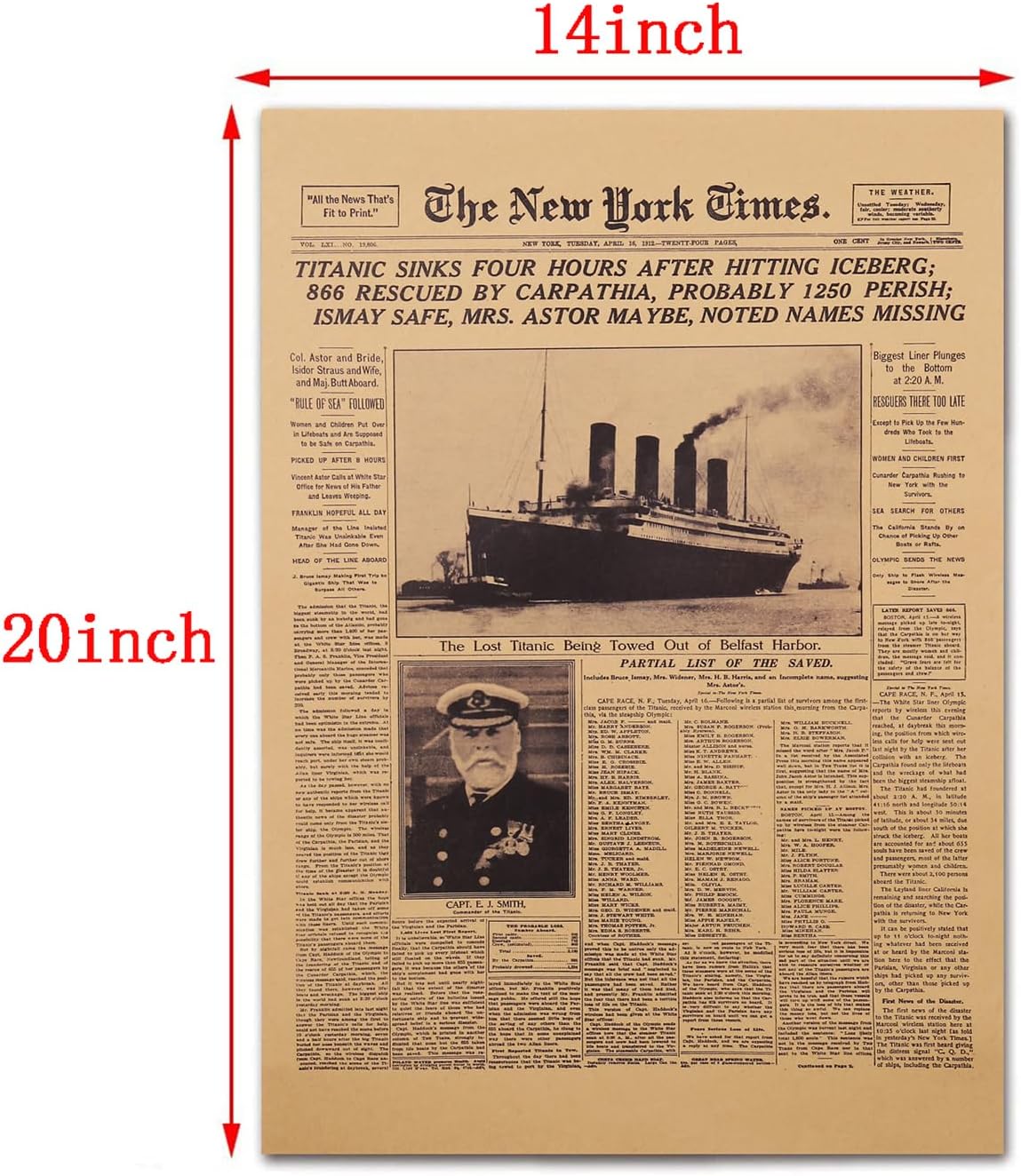 HAOHUODUO 20" x 14" Vintage Titanic Disaster Poster Unframed New York Times 1912 Front Sheet Replica on Kraft Paper Retro Western Art Prints for Home Decor Commemorating Titanic's Historic Sinking