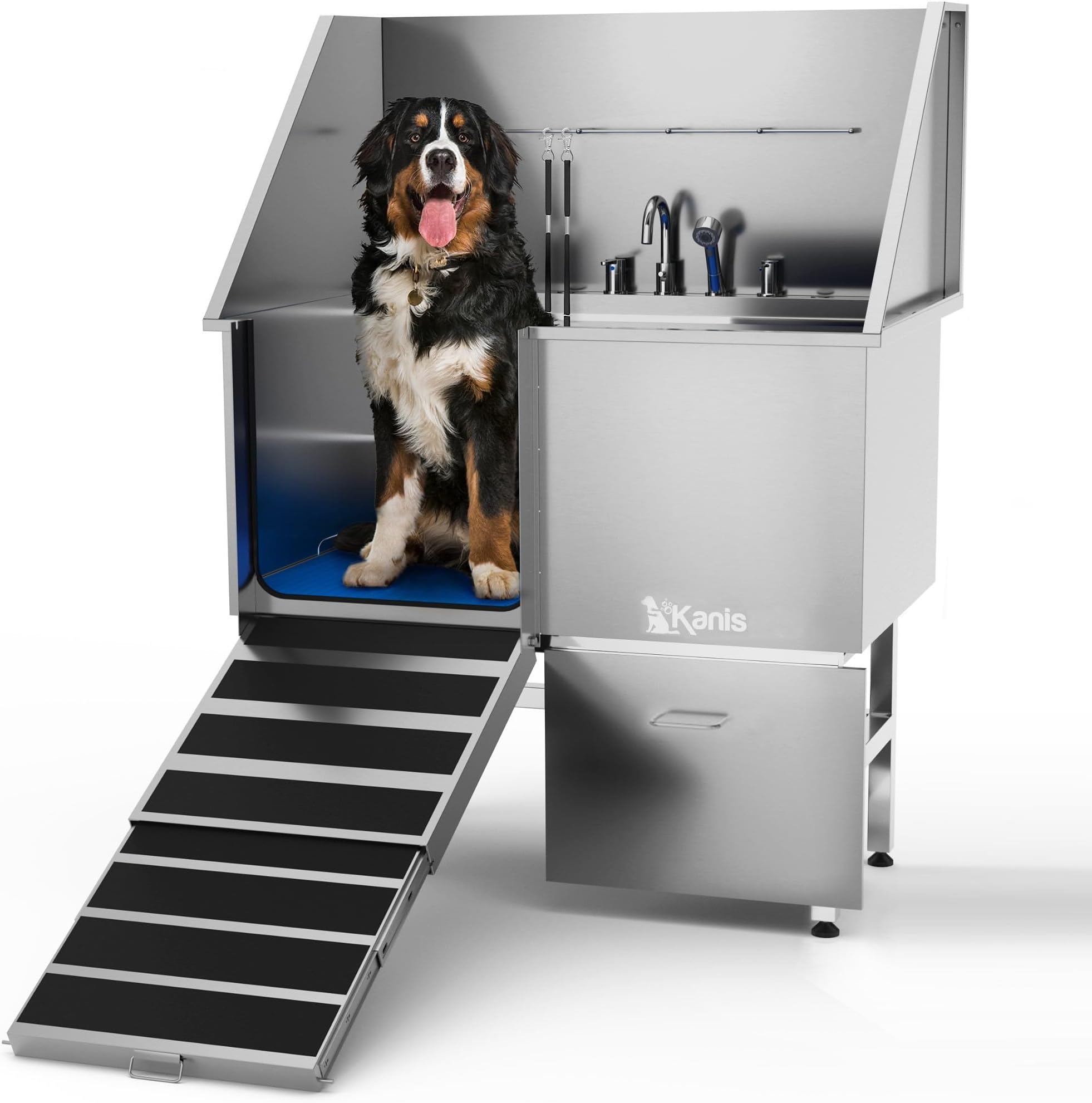 PawBest Stainless Steel Dog Grooming Bath Tub with Ramp, Faucet, Hoses and Loops (50